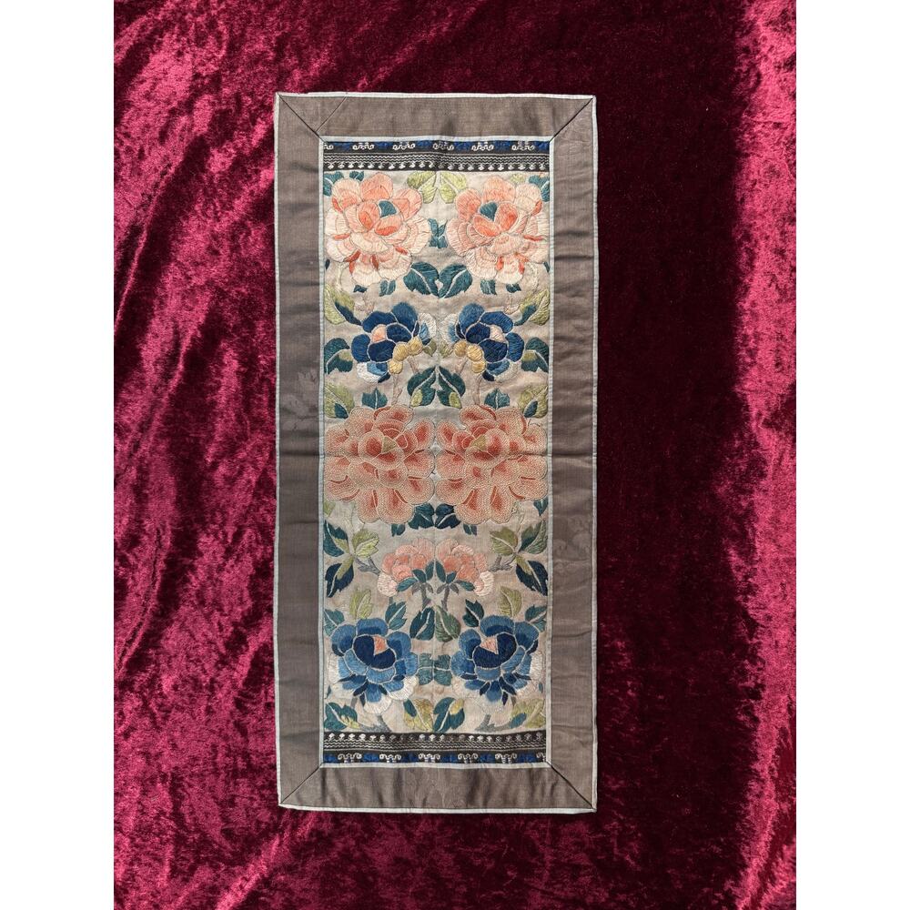 Antique Chinese Silk Sleeve Band Forbidden Stitch Lotus Flower Embroidered Panel